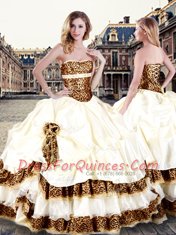 Comfortable Champagne Ball Gowns Strapless Sleeveless Taffeta Floor Length Lace Up Pick Ups and Hand Made Flower Quinceanera Gown