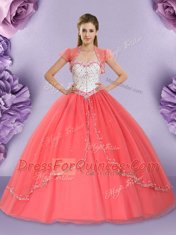 Fabulous Floor Length Watermelon Red Quince Ball Gowns Sweetheart Sleeveless Lace Up