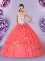 Fabulous Floor Length Watermelon Red Quince Ball Gowns Sweetheart Sleeveless Lace Up