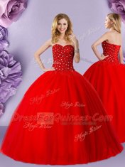 Flirting Red Ball Gowns Beading Ball Gown Prom Dress Lace Up Tulle Sleeveless Floor Length