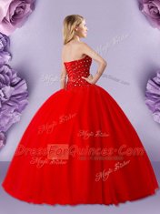 Flirting Red Ball Gowns Beading Ball Gown Prom Dress Lace Up Tulle Sleeveless Floor Length