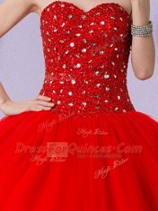 Flirting Red Ball Gowns Beading Ball Gown Prom Dress Lace Up Tulle Sleeveless Floor Length