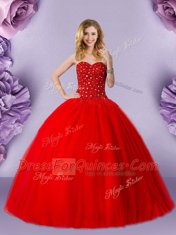 Flirting Red Ball Gowns Beading Ball Gown Prom Dress Lace Up Tulle Sleeveless Floor Length