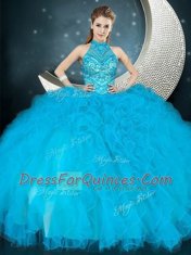 Floor Length Baby Blue Sweet 16 Quinceanera Dress Halter Top Sleeveless Lace Up