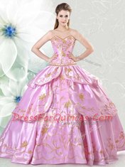 Lilac Ball Gowns Sweetheart Sleeveless Satin Floor Length Lace Up Embroidery Ball Gown Prom Dress
