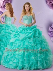 Turquoise Ball Gowns Organza Sweetheart Sleeveless Beading and Ruffles and Pick Ups Floor Length Lace Up 15 Quinceanera Dress
