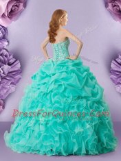 Turquoise Ball Gowns Organza Sweetheart Sleeveless Beading and Ruffles and Pick Ups Floor Length Lace Up 15 Quinceanera Dress