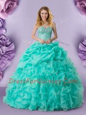 Turquoise Ball Gowns Organza Sweetheart Sleeveless Beading and Ruffles and Pick Ups Floor Length Lace Up 15 Quinceanera Dress