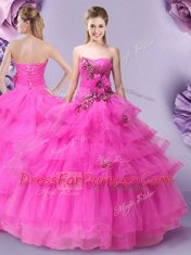Designer Hot Pink Tulle Lace Up Quince Ball Gowns Sleeveless Floor Length Appliques and Ruffled Layers and Hand Made Flower