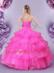 Designer Hot Pink Tulle Lace Up Quince Ball Gowns Sleeveless Floor Length Appliques and Ruffled Layers and Hand Made Flower