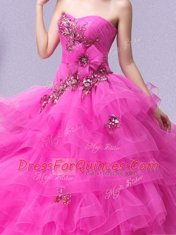 Designer Hot Pink Tulle Lace Up Quince Ball Gowns Sleeveless Floor Length Appliques and Ruffled Layers and Hand Made Flower