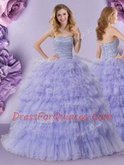 Fantastic Strapless Sleeveless Ball Gown Prom Dress Floor Length Beading and Ruffled Layers Lavender Tulle