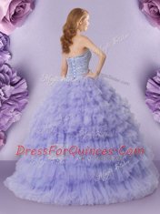 Fantastic Strapless Sleeveless Ball Gown Prom Dress Floor Length Beading and Ruffled Layers Lavender Tulle