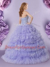Fantastic Strapless Sleeveless Ball Gown Prom Dress Floor Length Beading and Ruffled Layers Lavender Tulle