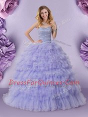 Fantastic Strapless Sleeveless Ball Gown Prom Dress Floor Length Beading and Ruffled Layers Lavender Tulle