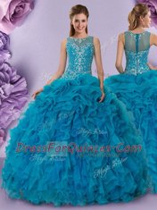 Traditional Scoop Sleeveless 15th Birthday Dress Floor Length Beading and Ruffles Teal Organza