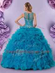 Traditional Scoop Sleeveless 15th Birthday Dress Floor Length Beading and Ruffles Teal Organza