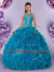 Traditional Scoop Sleeveless 15th Birthday Dress Floor Length Beading and Ruffles Teal Organza