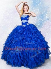Sleeveless Floor Length Beading and Ruffles Lace Up Quinceanera Dresses with Royal Blue