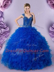 Straps Cap Sleeves Lace Up Floor Length Beading and Ruffles Ball Gown Prom Dress