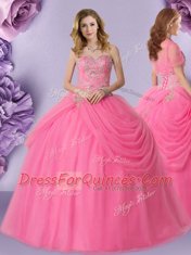 Rose Pink Sweet 16 Dress Military Ball and Sweet 16 and Quinceanera and For with Beading and Pick Ups Sweetheart Sleeveless Lace Up