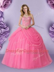 Rose Pink Sweet 16 Dress Military Ball and Sweet 16 and Quinceanera and For with Beading and Pick Ups Sweetheart Sleeveless Lace Up