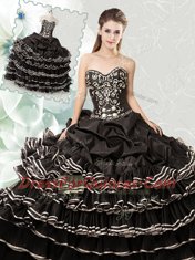 Dramatic Black Ball Gowns Sweetheart Sleeveless Organza Floor Length Lace Up Beading and Ruffled Layers and Pick Ups Quinceanera Gown