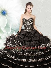 Dramatic Black Ball Gowns Sweetheart Sleeveless Organza Floor Length Lace Up Beading and Ruffled Layers and Pick Ups Quinceanera Gown
