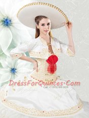 Pretty Sleeveless Floor Length Beading and Embroidery and Ruffles Lace Up Quince Ball Gowns with White