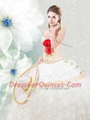 Pretty Sleeveless Floor Length Beading and Embroidery and Ruffles Lace Up Quince Ball Gowns with White