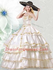 Artistic White Ball Gowns Sweetheart Sleeveless Taffeta Floor Length Lace Up Embroidery and Ruffled Layers Sweet 16 Quinceanera Dress