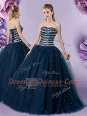 Glorious Tulle Sweetheart Sleeveless Lace Up Beading Quinceanera Gown in Dark Green