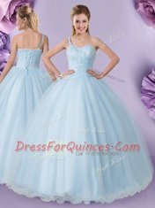 One Shoulder Sleeveless Tulle 15 Quinceanera Dress Appliques Lace Up