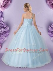 One Shoulder Sleeveless Tulle 15 Quinceanera Dress Appliques Lace Up