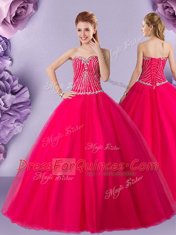 Hot Pink Ball Gowns Beading Vestidos de Quinceanera Lace Up Tulle Sleeveless Floor Length
