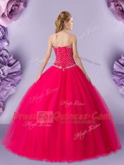 Hot Pink Ball Gowns Beading Vestidos de Quinceanera Lace Up Tulle Sleeveless Floor Length