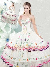 On Sale Floor Length Lace Up Quince Ball Gowns White for Military Ball and Sweet 16 and Quinceanera with Embroidery and Ruffled Layers