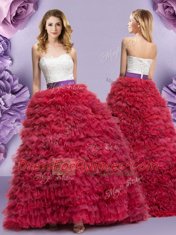 Perfect Wine Red Ball Gowns Sweetheart Sleeveless Tulle Floor Length Lace Up Lace and Ruffled Layers Quince Ball Gowns