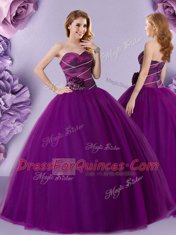 Extravagant Floor Length Zipper Quinceanera Gown Dark Purple for Military Ball and Sweet 16 and Quinceanera with Hand Made Flower