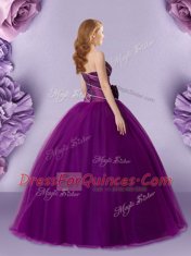 Extravagant Floor Length Zipper Quinceanera Gown Dark Purple for Military Ball and Sweet 16 and Quinceanera with Hand Made Flower