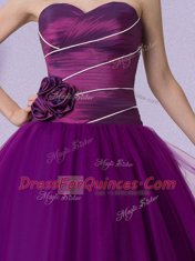 Extravagant Floor Length Zipper Quinceanera Gown Dark Purple for Military Ball and Sweet 16 and Quinceanera with Hand Made Flower