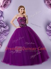 Extravagant Floor Length Zipper Quinceanera Gown Dark Purple for Military Ball and Sweet 16 and Quinceanera with Hand Made Flower
