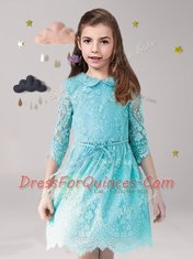 Scoop Aqua Blue Lace Zipper Flower Girl Dresses 3 4 Length Sleeve Mini Length Lace and Sashes ribbons