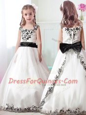 Super Straps White Zipper Flower Girl Dresses Appliques and Belt Sleeveless Floor Length