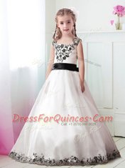 Super Straps White Zipper Flower Girl Dresses Appliques and Belt Sleeveless Floor Length