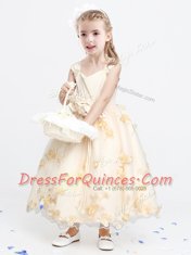 Inexpensive Straps Sleeveless Toddler Flower Girl Dress Ankle Length Appliques and Bowknot and Hand Made Flower Champagne Organza