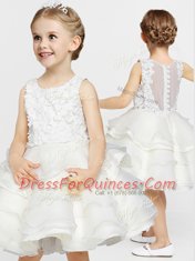 Scoop Clasp Handle White Sleeveless Appliques and Ruffles Knee Length Flower Girl Dresses for Less