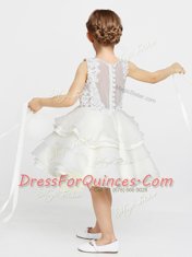 Scoop Clasp Handle White Sleeveless Appliques and Ruffles Knee Length Flower Girl Dresses for Less