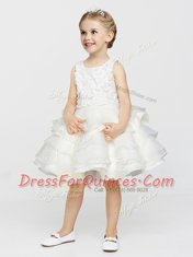 Scoop Clasp Handle White Sleeveless Appliques and Ruffles Knee Length Flower Girl Dresses for Less