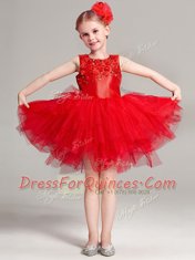 Fitting Scoop Mini Length A-line Sleeveless Red Flower Girl Dress Zipper